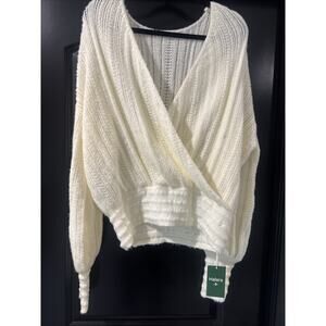 Sheer V Neck Long Sleeve Work Sweater-Front and Back Wearable